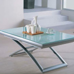 Extending glass table in white, space saving , lift and lower table from