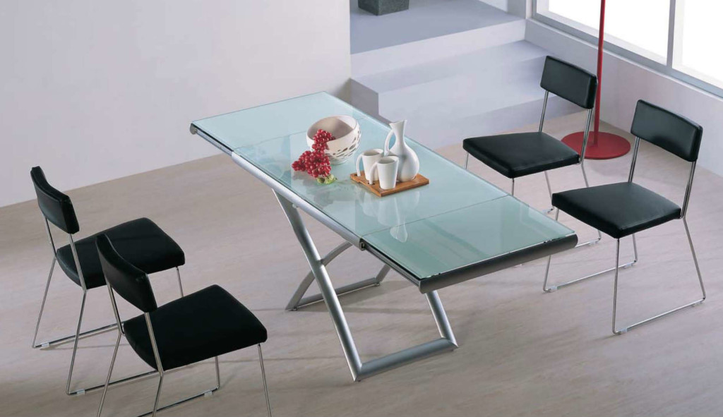 modern extending glass table in grey white glass